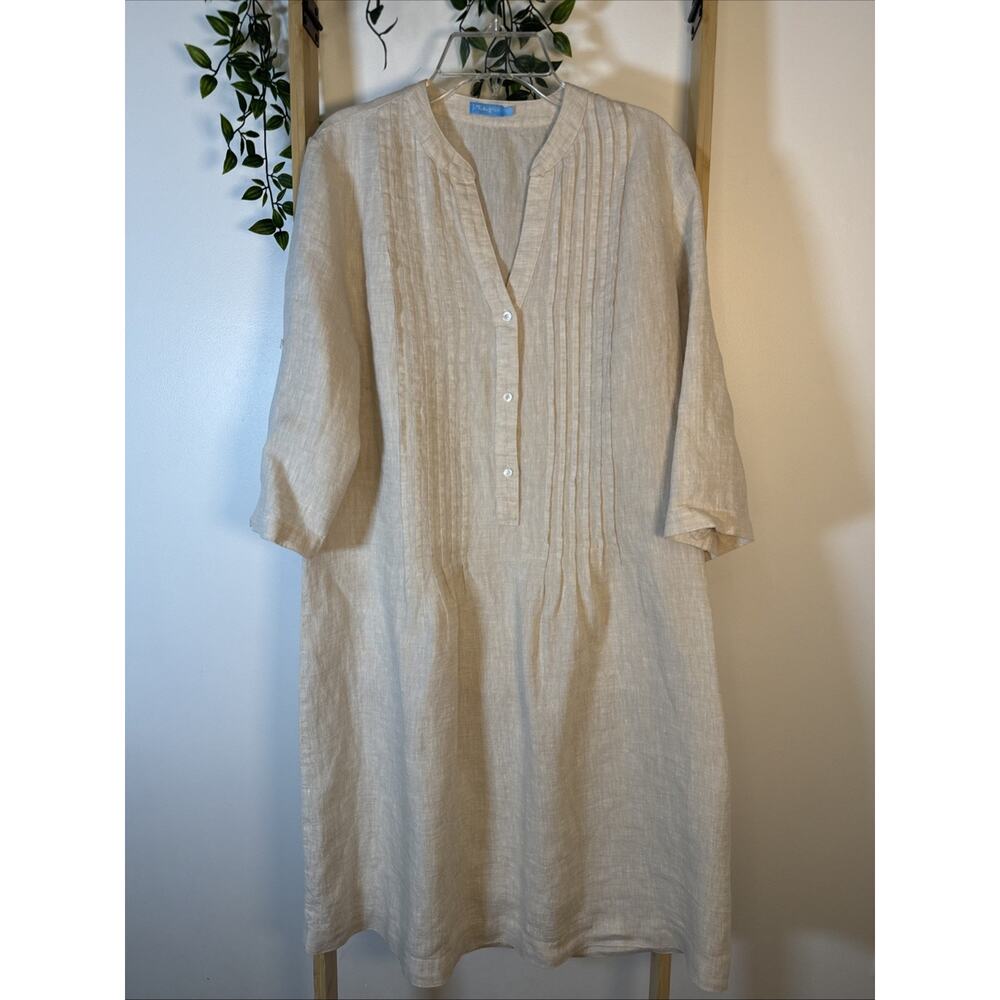 J. McLaughlin Riviera Linen Dress 3/4 Sleeve Pintuck Button Front Beige Tan Sz S